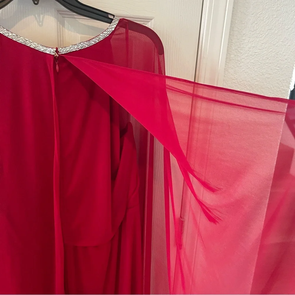 R&M Richards Sheer Cape Vibrant Red Dress with Embellished Trim